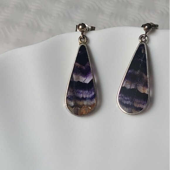 Vintage Boho Rare Sterling Silver Blue John Gemstone Purple Drop Dangle Earrings - Picture 6 of 10